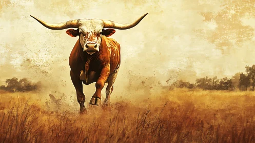 Digital painting of charging longhorn in textured prairie field.