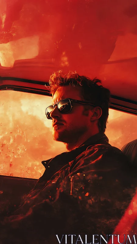 Driver in burning sunset cabin with stylized orange glow.