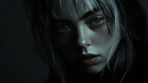 Low-key digital portrait with volumetric rim lighting and freckled skin