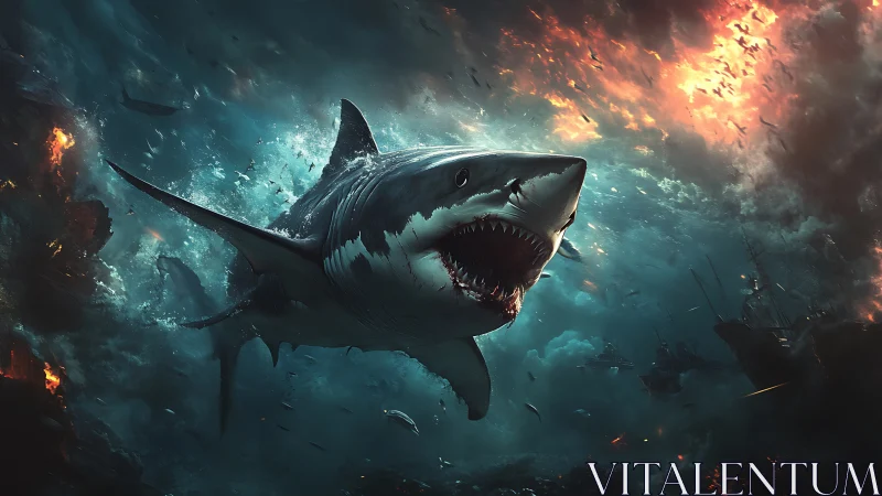 Cinematic digital painting of apex shark in storm seas.