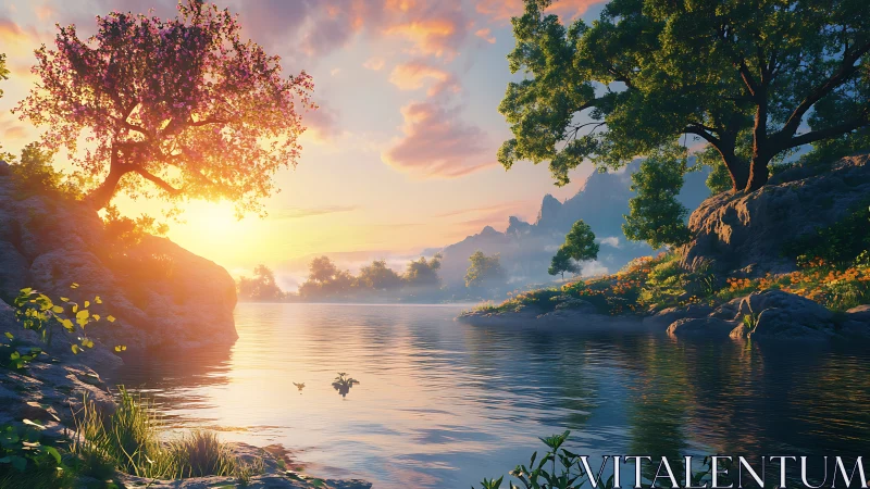 Sunlit blossom tree overlooks tranquil mountain lake.