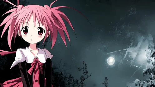 Pink-haired anime girl contrasts with moody nocturnal sky