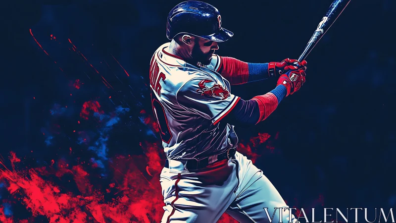 Baseball batter in mid swing with red blue digital effects.