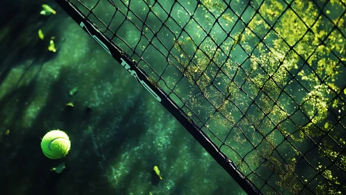 Sunlit tennis ball hangs in emerald air beside dusty net