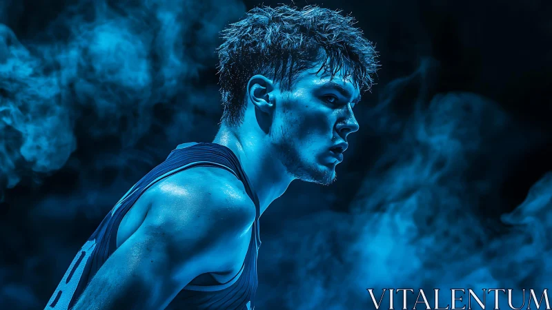 Intense basketball player glows amid swirling blue vapor
