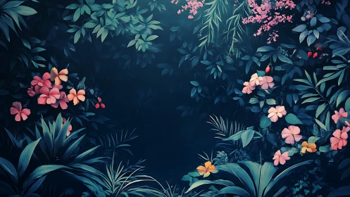 Botanical composition with flora layered against dark background