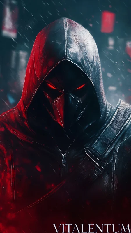 Hooded cyber reaper stalks a neon city in crimson rain
