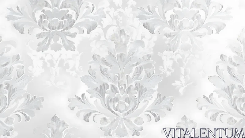 Ornate white damask pattern with embossed floral relief texture.