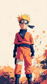 Young ninja stands amid dynamic orange ink splashes.