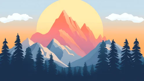 Sunlit alpine peak rises above layered pine silhouettes.