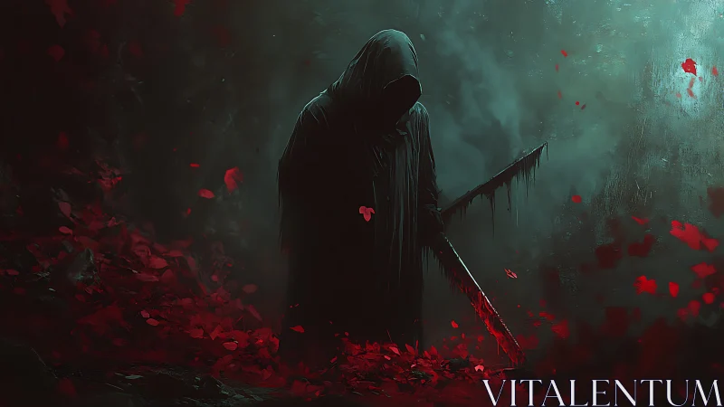 Grim reaper stalks crimson petals in a haunted misted grove.