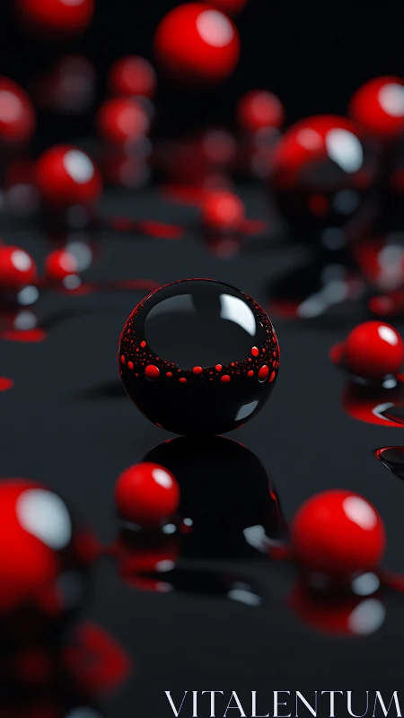 Gleaming red spheres float on glossy black liquid surface