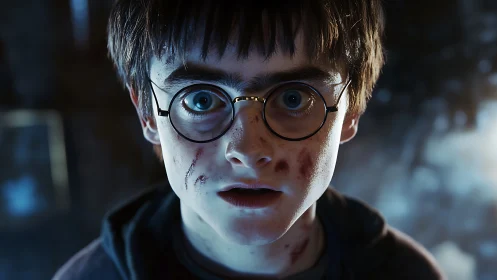 Wide-eyed boy with glasses stands stunned in soft blue light