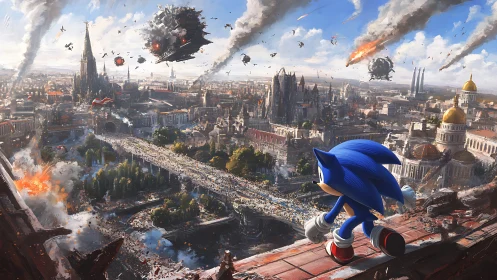 Blue hero surveys a burning city under alien assault