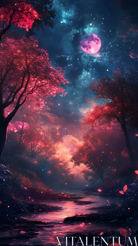 Digital painting of lunar-lit crimson forest stream at dusk.