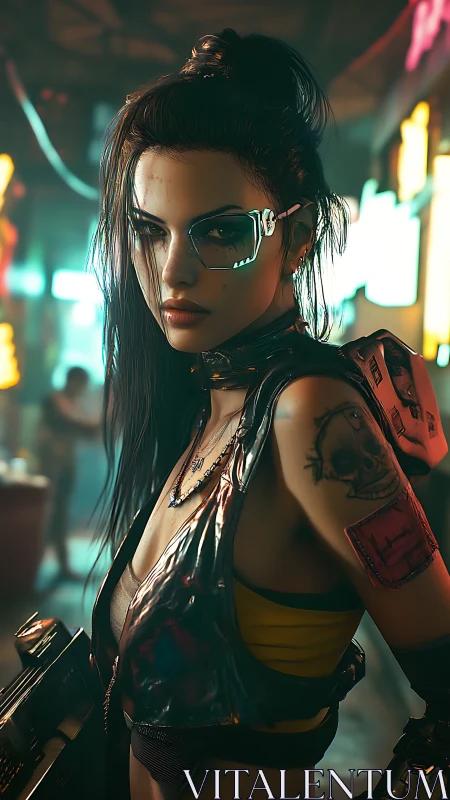 Cyberpunk-styled woman in neon-lit urban interior scene.