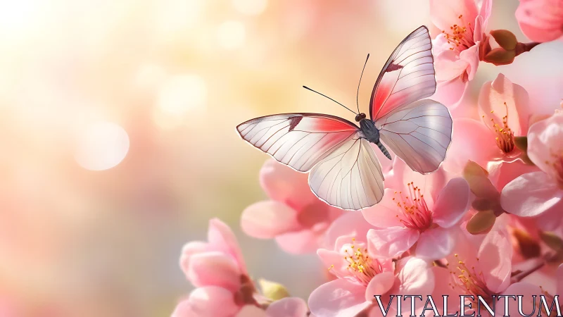 Macro study of pale butterfly hovering over cherry blossoms.