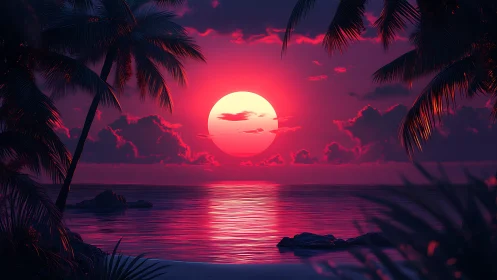 Tropical shoreline with stylized magenta sunset and palms.