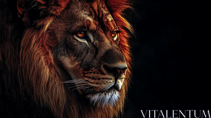 Majestic lion portrait glows against deep black background