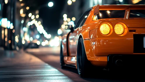 Orange sports car parked on city street at night.