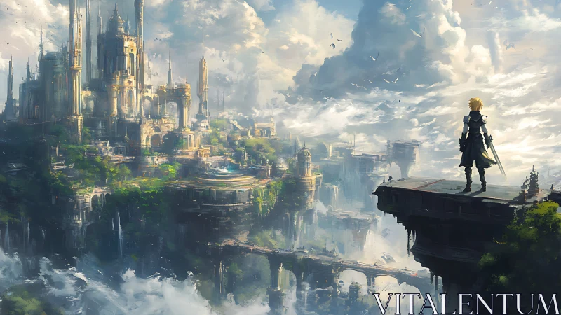 Solitary figure observing expansive floating fantasy cityscape.