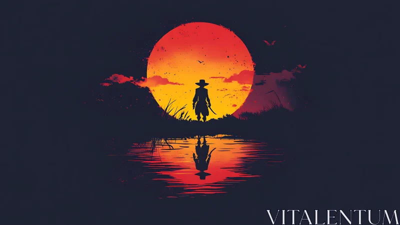 Lone wanderer strides across a molten watercolor sunset mirror
