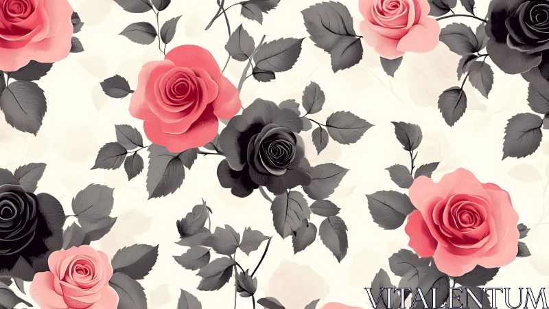 Pink and Black Rose Botanical Pattern with Layered Petals
