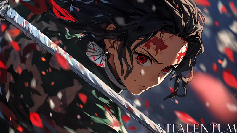 Fierce anime swordsman in a storm of red petals and light.