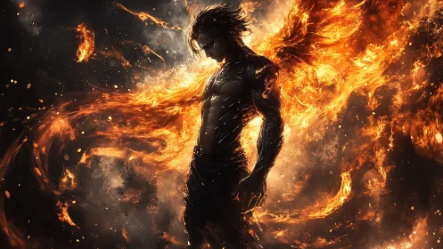 Winged fireborn warrior strolls through a molten dusk storm