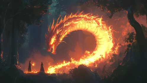 Flaming serpent dragon coils above two sorcerers in forest