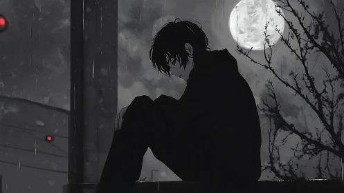 Moon-drenched loner broods in rain-soaked city silence.