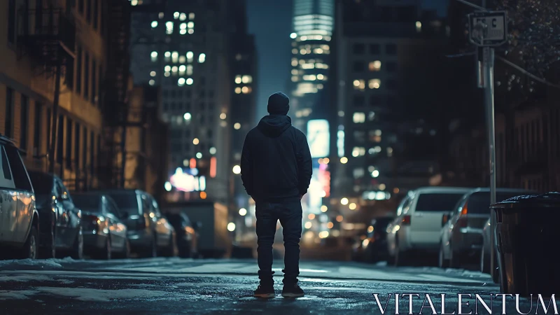 Backlit solitary figure in winter urban alley, night bokeh glow.