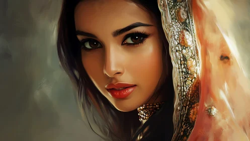 Warm portrait of a gentle gaze framed in jeweled fabric.