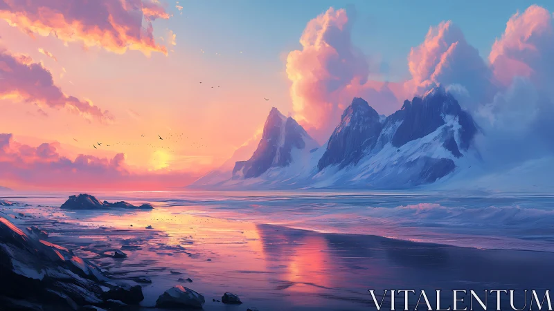 Sunlit icy peaks glow above a serene reflective shoreline.