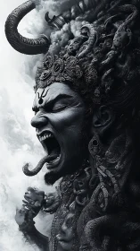 Mythic wrath deity portrait in monochrome digital chiaroscuro.