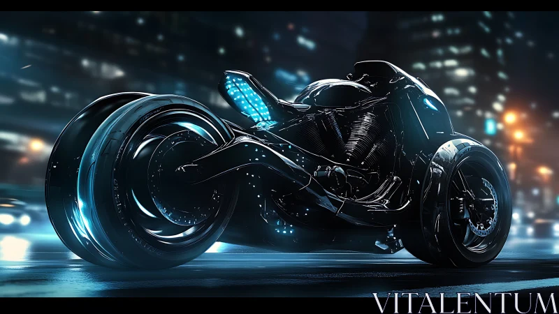 Sleek futuristic motorcycle glowing on a neon city street.