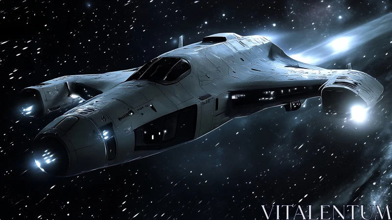 Stealth starship cuts through luminous deep space field.