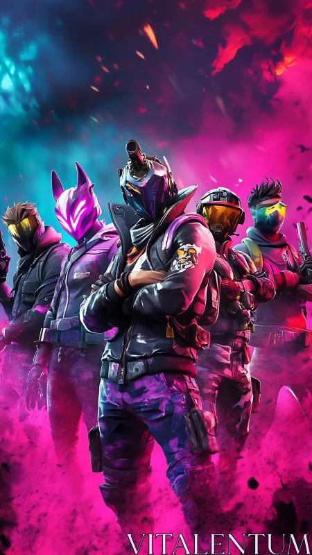 Neon-armored squad in stylized 3D render with volumetric smoke gradients