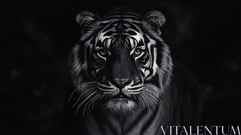 Staring tiger emerges from darkness in monochrome portrait.