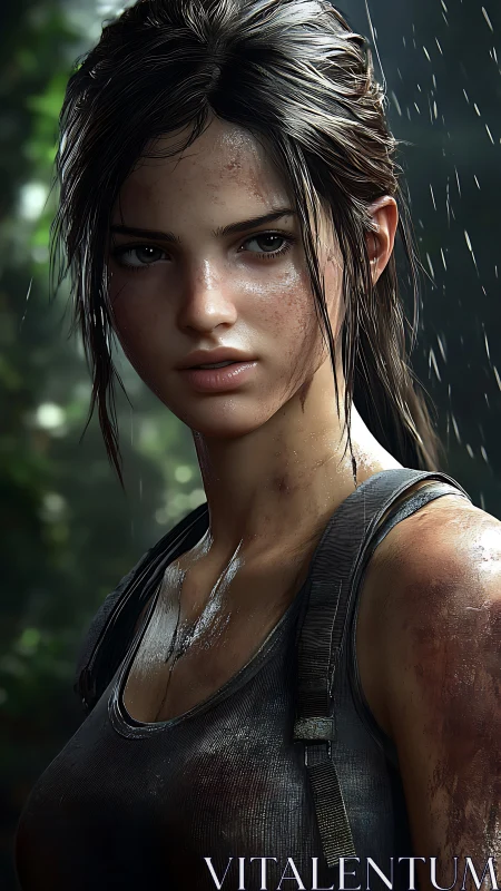 Rain-soaked jungle survivor stands with determined gaze.