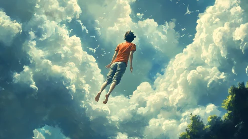 Boy ascends through vast summer clouds toward bright sky.