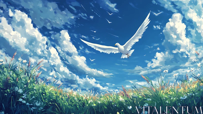 White dove soaring above wildflower meadow under vivid sky.