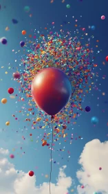 Red gradient balloon exploding into multicolored confetti particles against blue sky