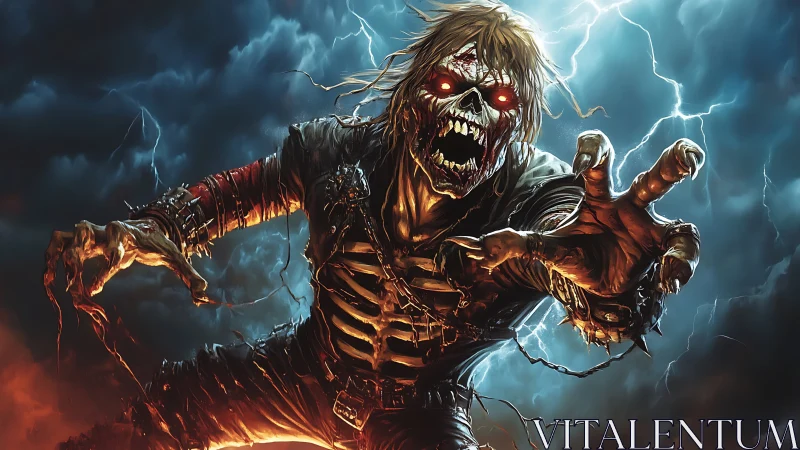Undead monster charging through storm with blazing red eyes.