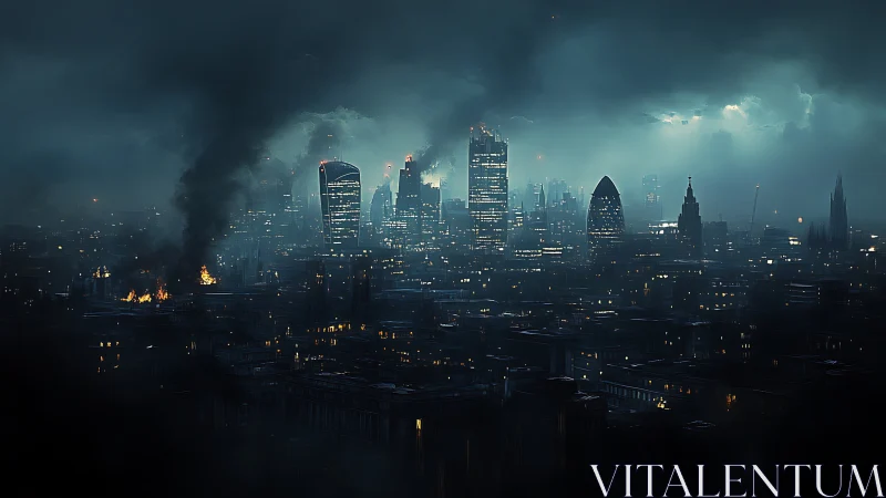 Dark futuristic city skyline under smoke and storm clouds.