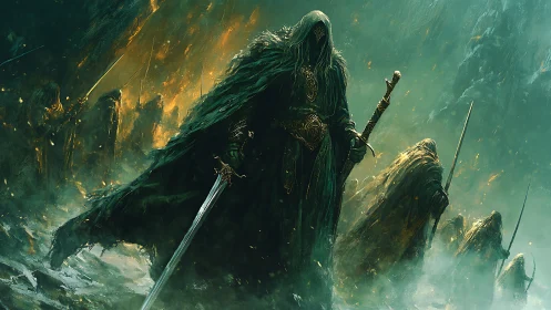 Cloaked spectral warlord with blade leading phantasmal host.