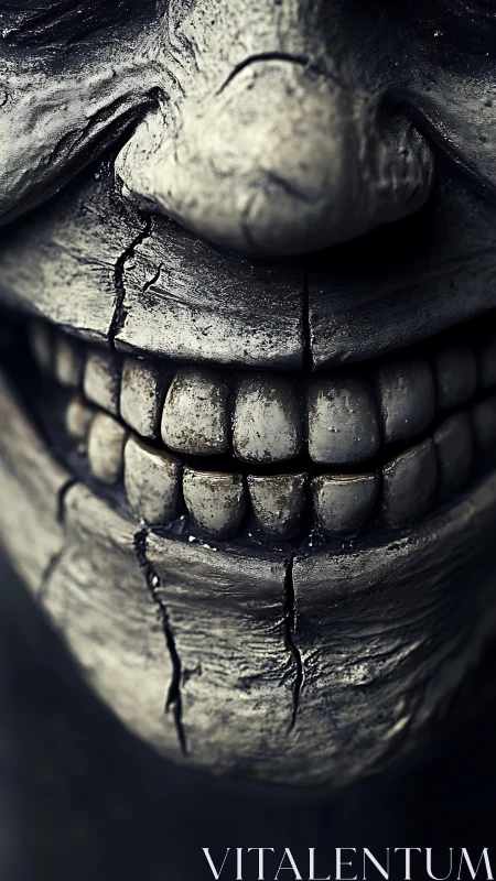 Close-up of cracked stone face with exposed teeth detail.