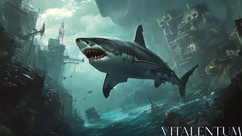 Great white shark over submerged post‑apocalyptic ruins.