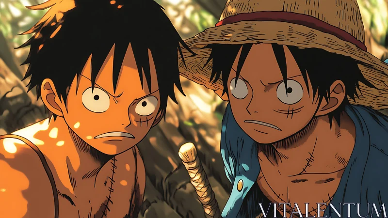 Dual anime protagonists under dappled jungle light study