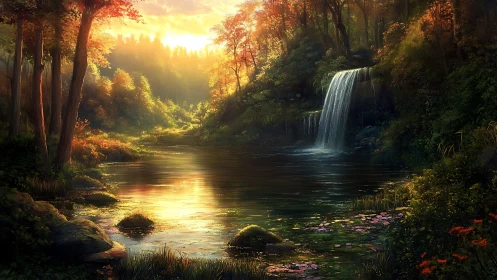 Sunlit forest waterfall glows over a tranquil, misty pool.